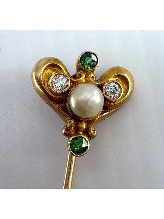 Jewelry - 14K Marked Stick Pin Pearl Green Clear Stones Gold Tone Jewelry